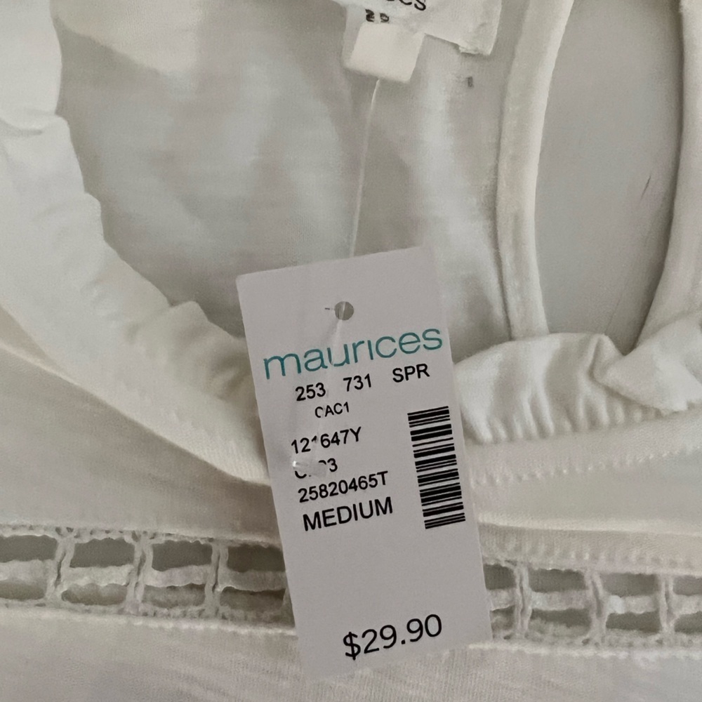 NWT - Maurices - White Cotton Blend Ruffle Blouse Crochet Stitching Puff Sle… - Picture 3 of 3